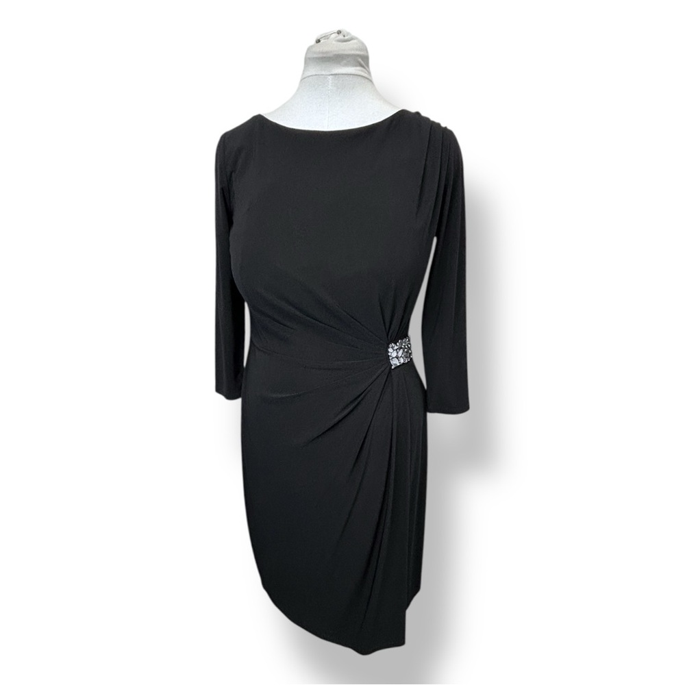 Evan Picone Women’s 3/4 Sleeve Draped Sheath Dress Rhinestone Accent LBD Black 8